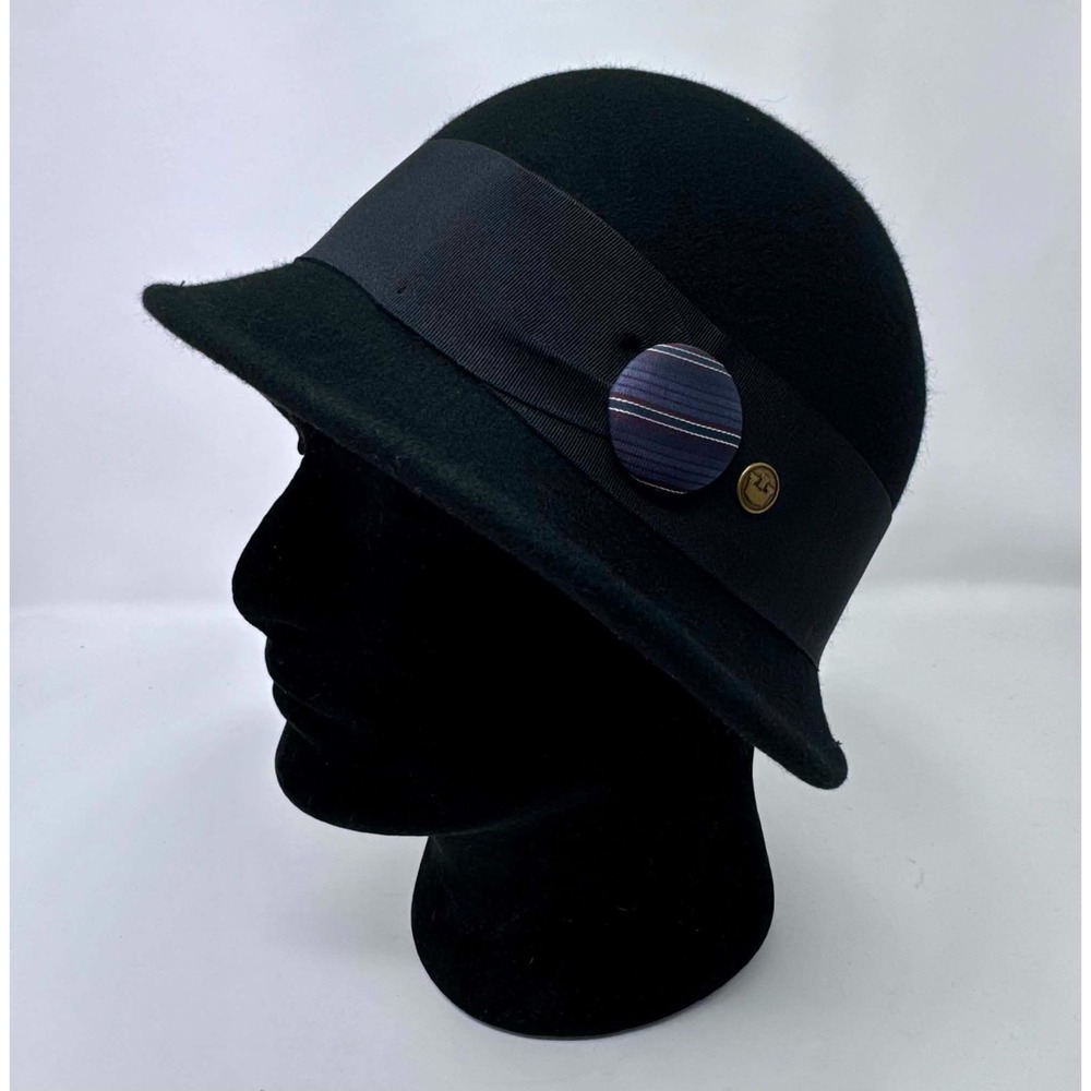 Goorin Bros 100% Wool Hat Womens Medium Black Cloche Bucket Ribbon Button Lined